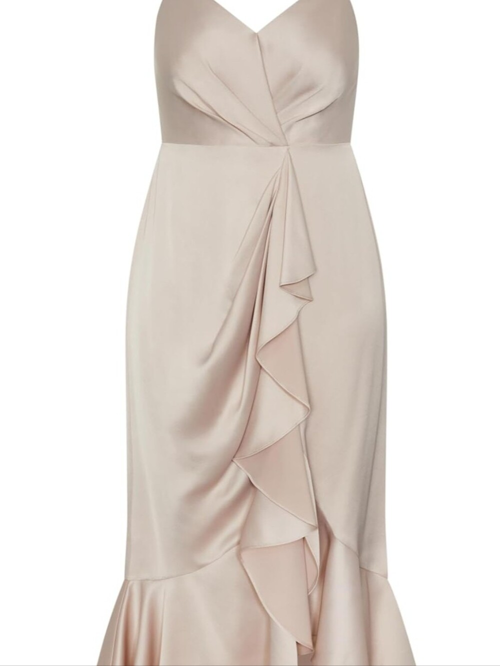 City Chic Strapless Blush Satin Midi Dress with Ruffle Front